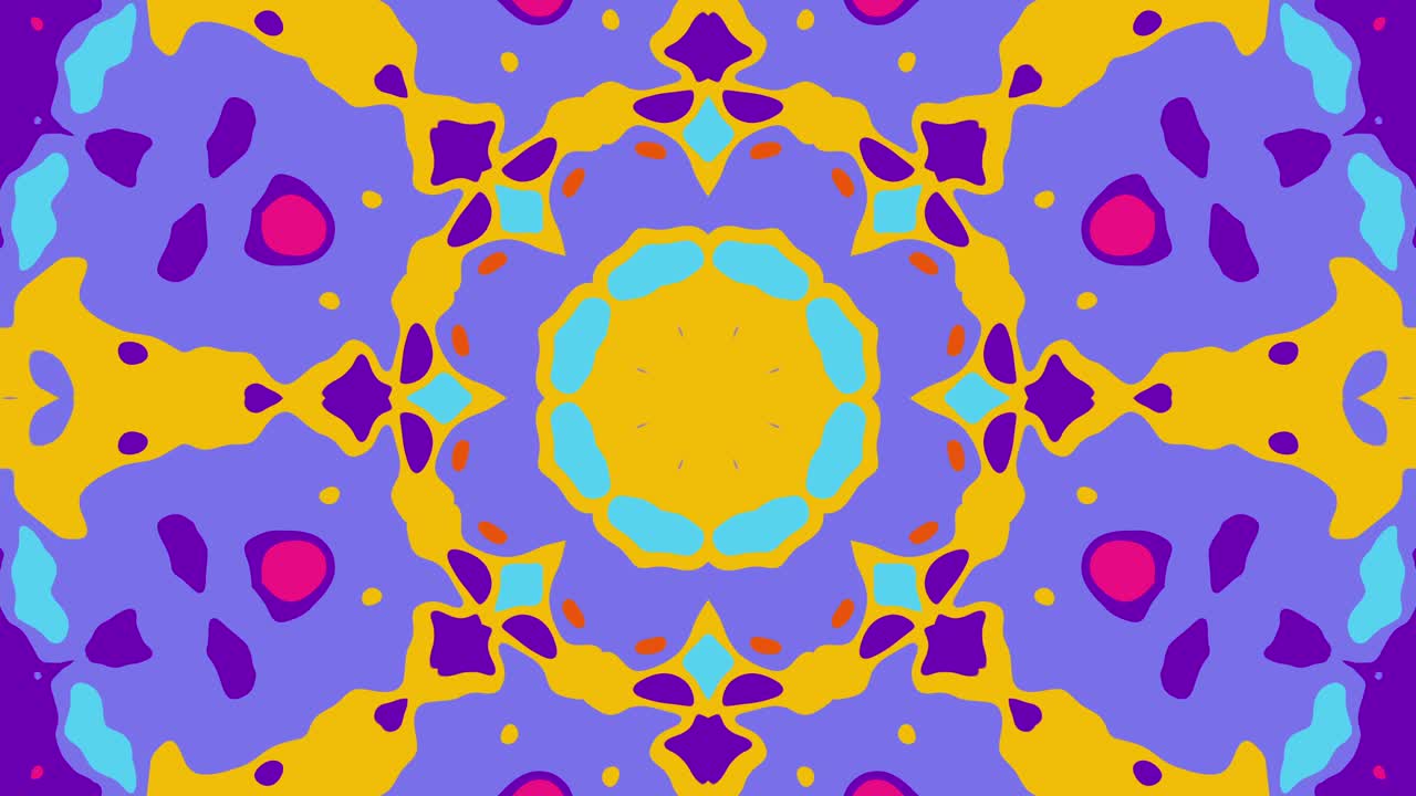 Mandala astratto caleidoscopico ripetibile – Motivi ipnotizzanti che si trasformano in arancione, viola e blu