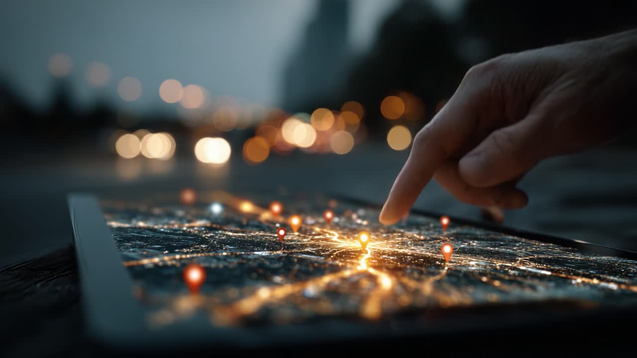 Illuminated City Map Displayed at Night with a Finger Touching the Location, Highlighting Navigation and Exploration in a Digital Era