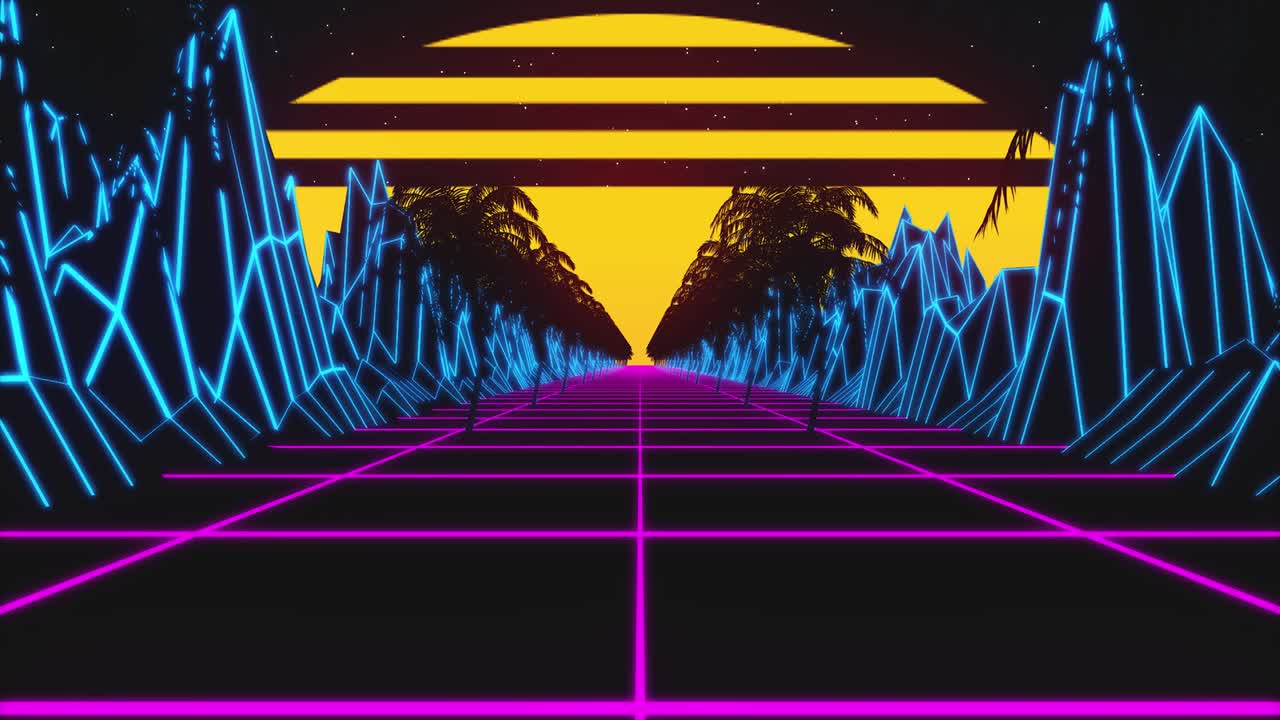 Retrowave horizon landscape with neon lights and low poly terrain with sun, mountains, palm trees and glowing stars 80s retro purple background loop animation