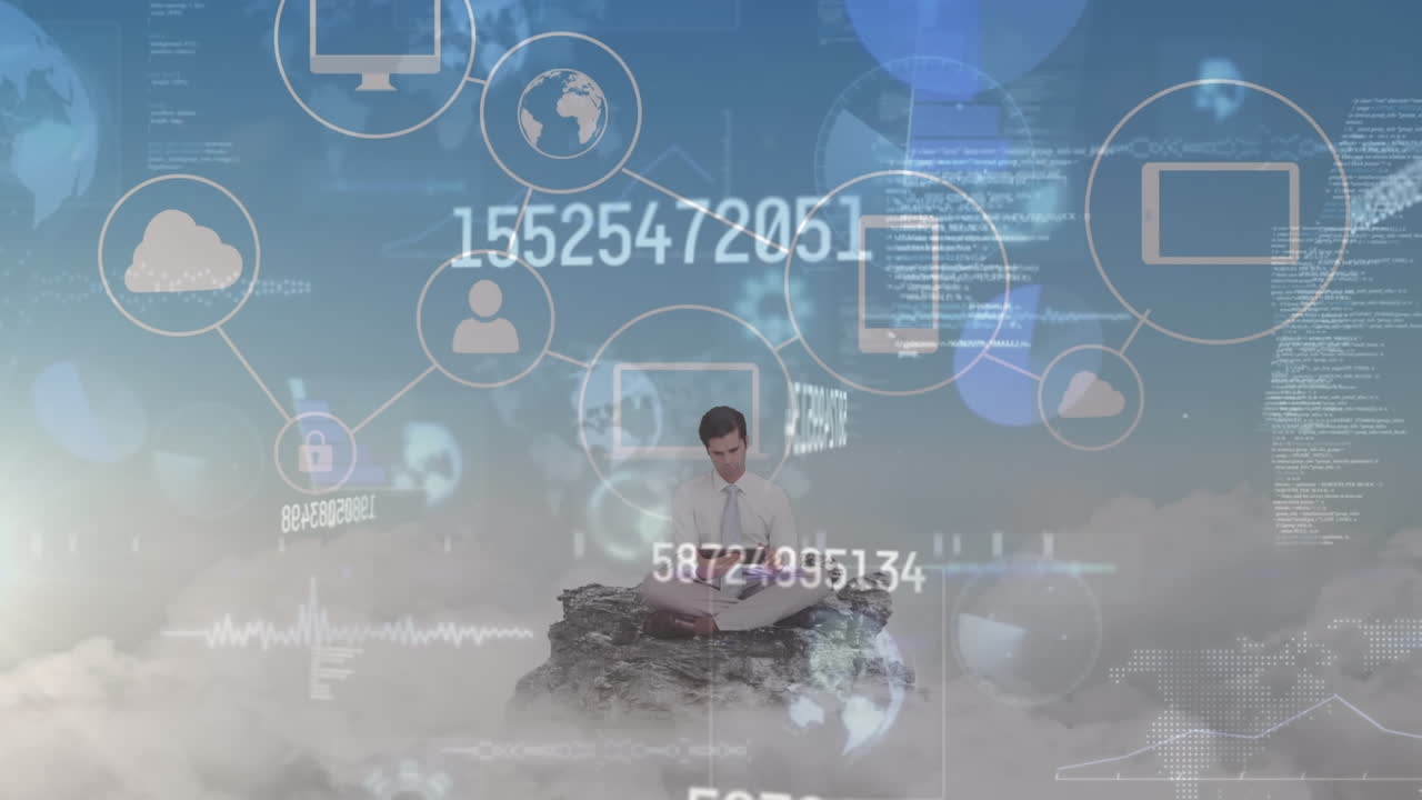 데이터 프로세싱 및 미디어 아이콘의 애니메이션 백인 사업가