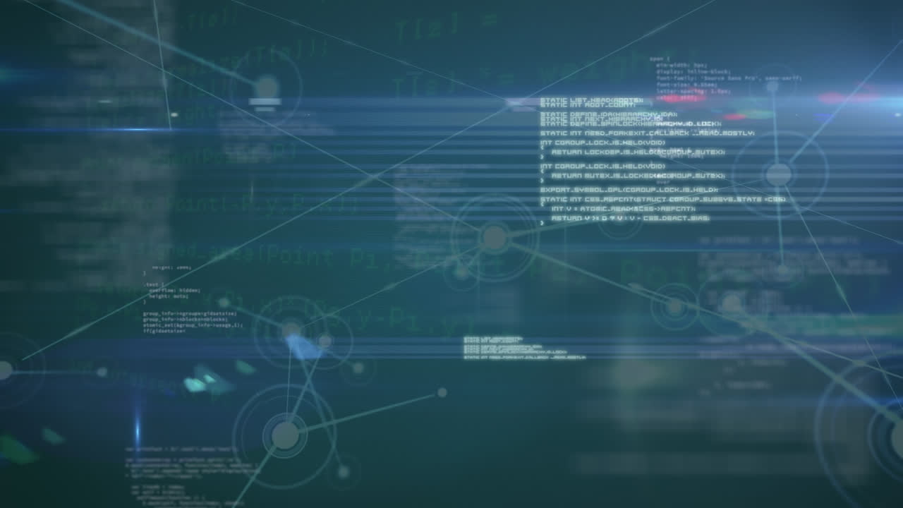 Animation of network of connections over data processing on blue background