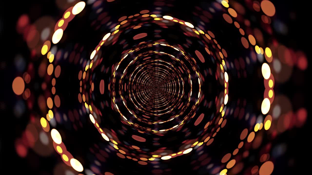 Abstract fantasy golden bokeh light tunnel with lights and particles. 4K 3D psychedelic background seamless loop psychedelic kaleidoscope with bokeh light moving and rotating. VJ disco music loop.
