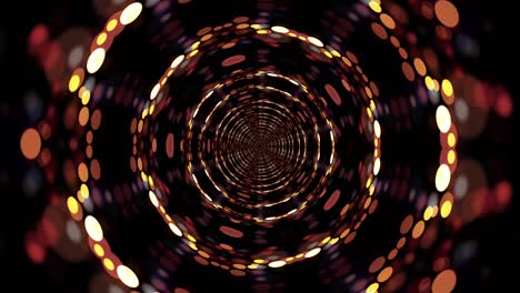 abstract fantasy golden bokeh light tunnel with lights and particles. 4k 3d psychedelic background seamless loop psychedelic kaleidoscope with bokeh light moving and rotating. vj disco music loop.