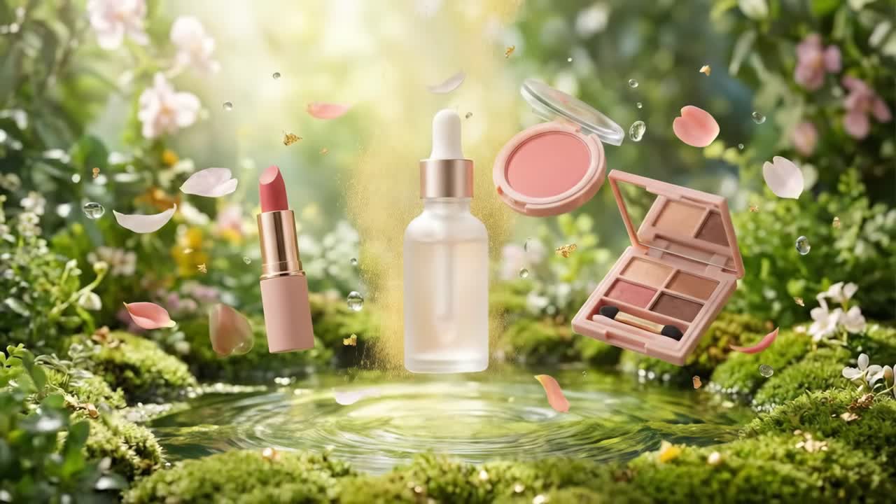 漂浮在郁郁葱葱的自然花园中的化妆品和护肤品