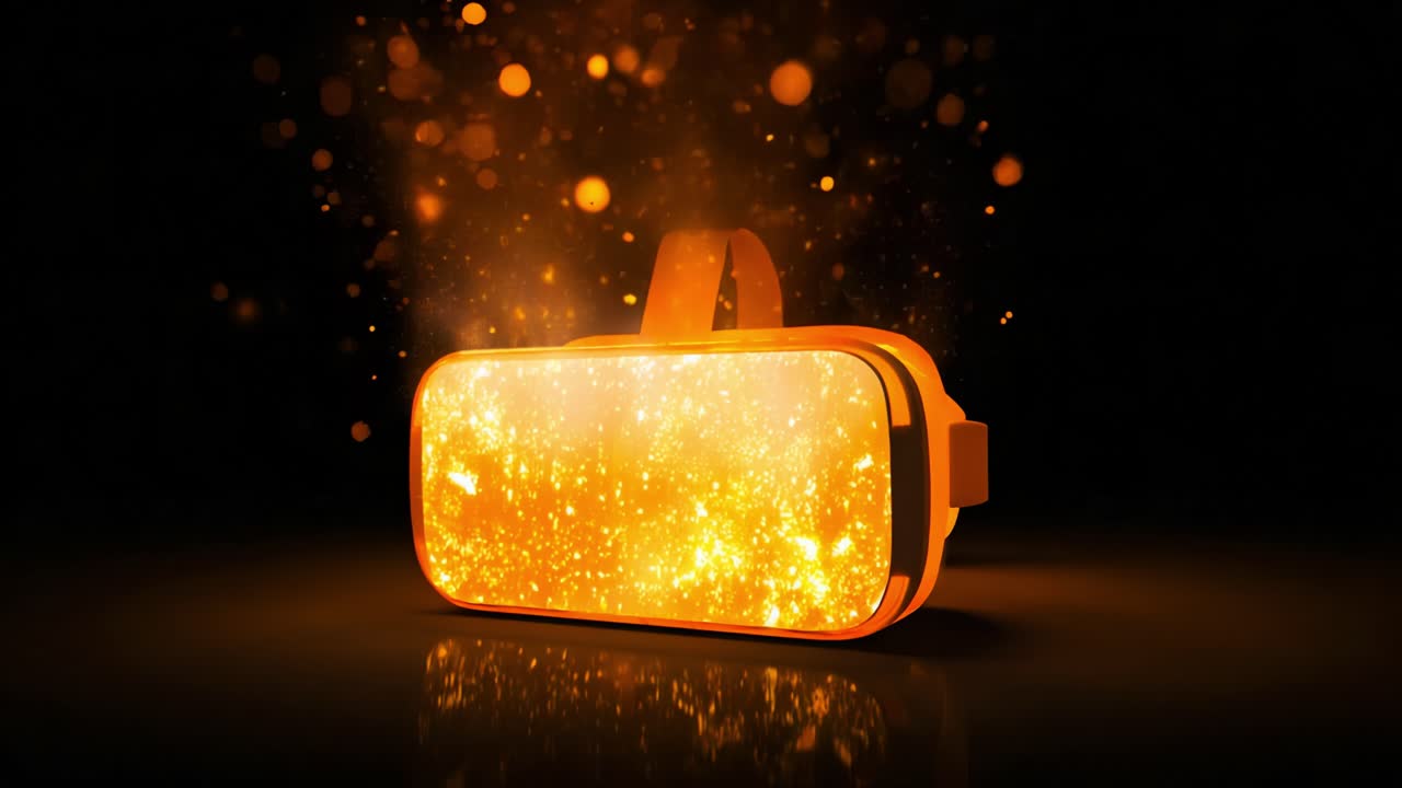 An Enchanting Glimpse into Virtual Reality Technology: A Stunning Golden Sparkling View of a VR Headset Surrounded by a Dazzling Glow of Stars and Particles in a Dark Environment