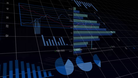 Dark 3D analytics panel floating above black grid showing translucent bars, data lines, pie charts