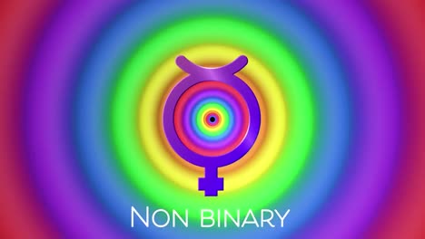 Animation-of-non-binary-text-and-symbol-over-rainbow-circles-and-colours-moving-on-seamless-loop