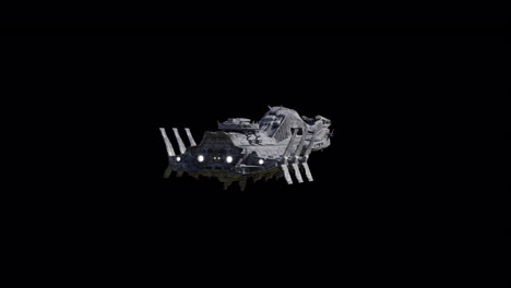 giant spaceship flying straight, side - right view, black background suitable for overlay with alpha channel matte blending option, seamless integration into various sci-fi concepts and scenes