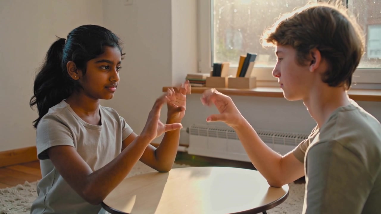 Starting palms raised, children alternating fists and open hands at home table in t-shirts for play