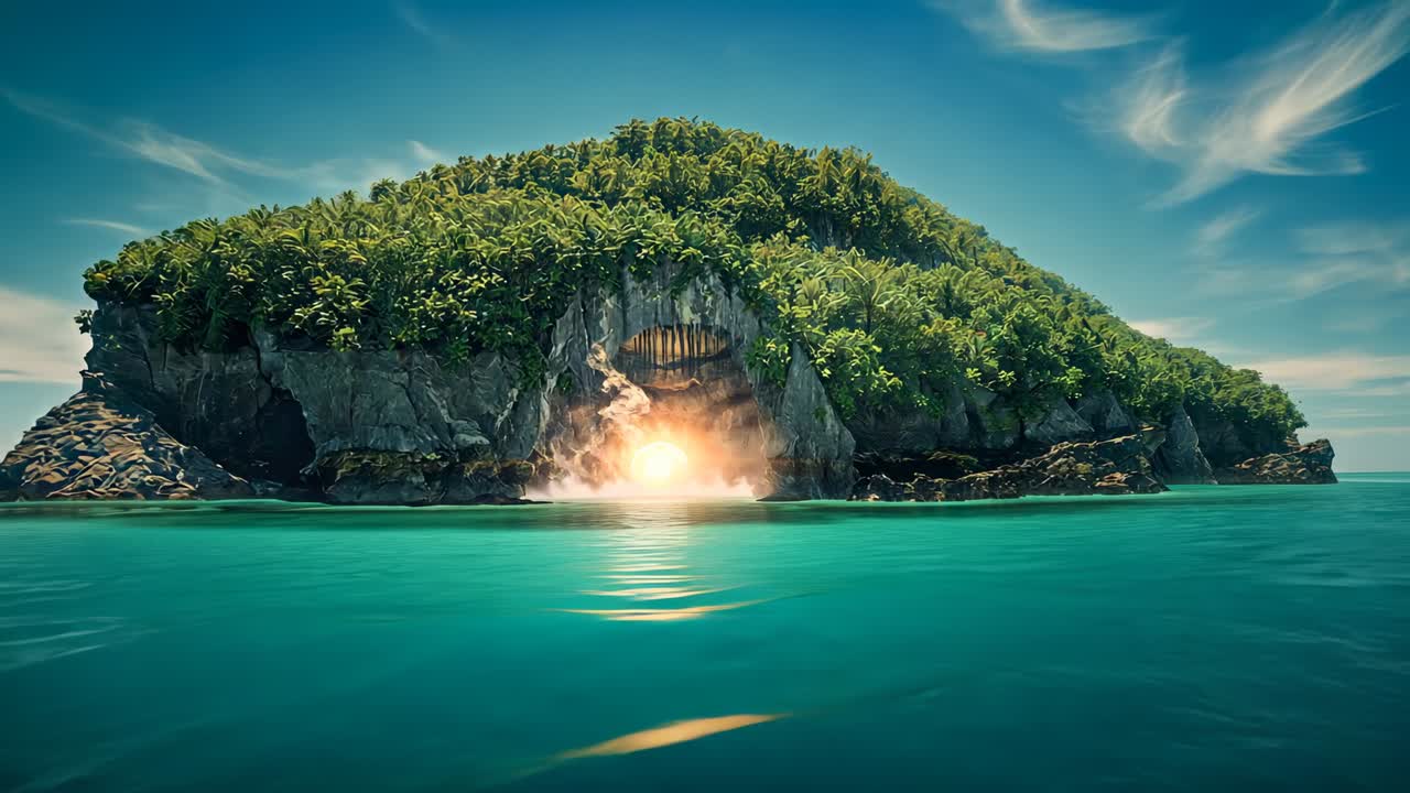 Growing internal light climbing from cave floor toward mouth on island, casting golden reflection