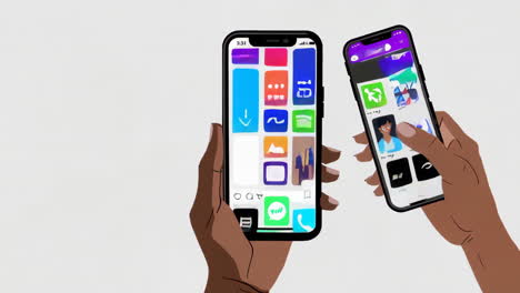 hands interacting with smartphones displaying various apps and interfaces