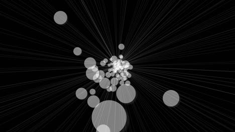 gray circles fly from the center forward to the center. black and white abstract animation, motion graphics