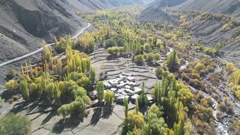 drone shot of the city of skardu from above, green trees