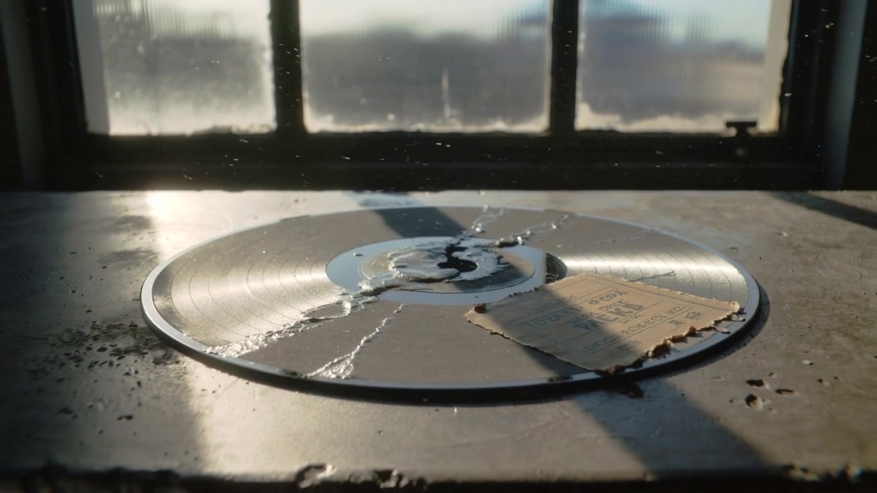 Sprutende hvit væske treffer en vinylplate på en støvete vinduskarm ved et rutete vindu og sprer seg mot en billett.