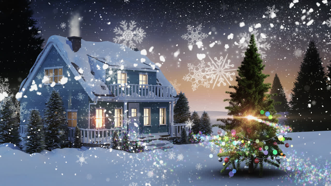 눈 인 풍경 에 있는 집 과 눈 으로 인 나무 의 일러스트레이션