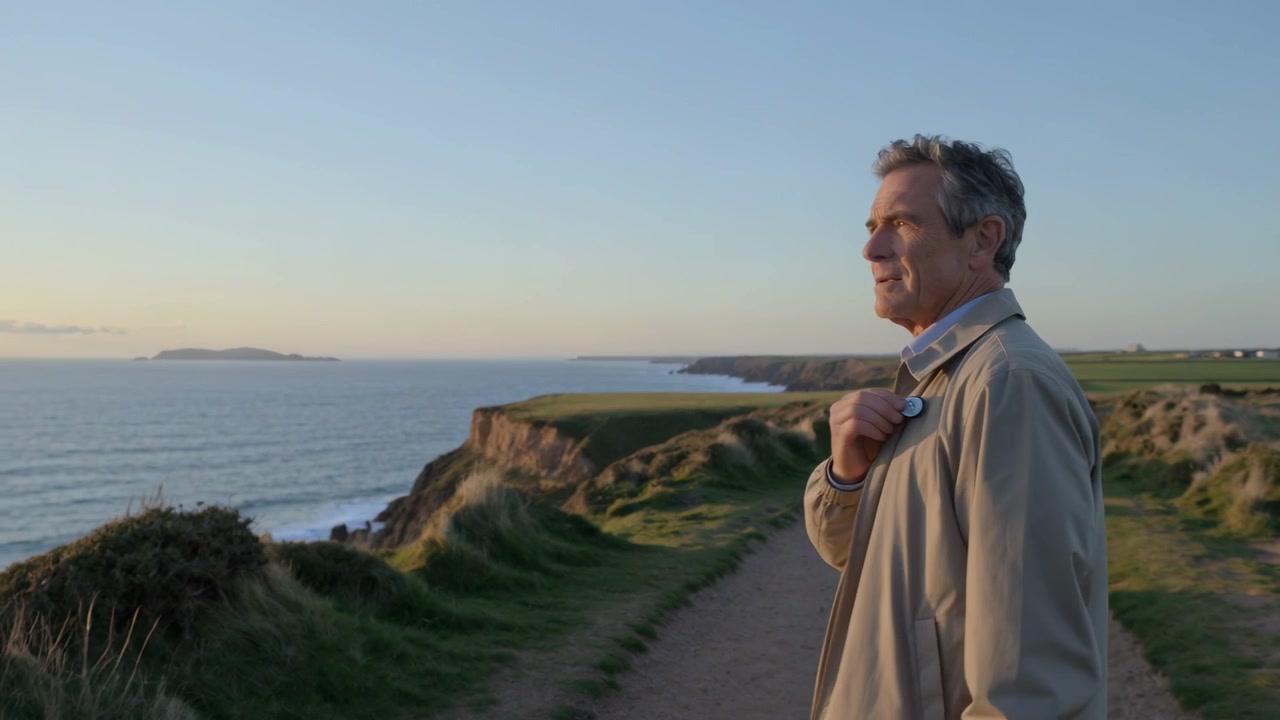 Walking man in beige jacket, shirt on cliff path, seeing ocean, slowing, holding collar, gazing