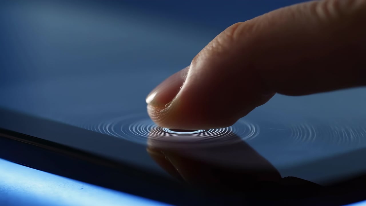 Primo piano di un polpastrello che entra in contatto con una superficie touchscreen riflettente, con una morbida illuminazione blu, uno sfondo scuro e minimale e un digitale pulito e moderno.