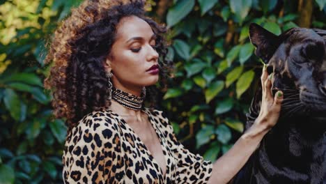 woman and black panther in the jungle