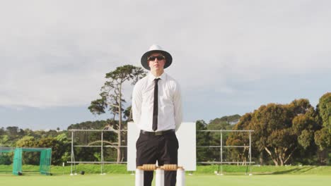 cricket umpire making signs standing on a cricket pitch