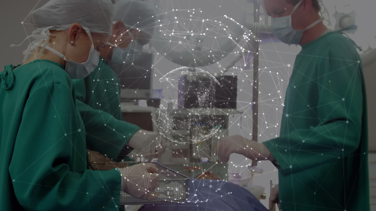 수술실의 외과 의사들에 대한 연결 네트워크와 함께 지구의 애니메이션