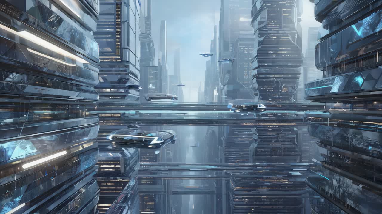 날아다니는 차량이 있는 미래의 도시 풍경