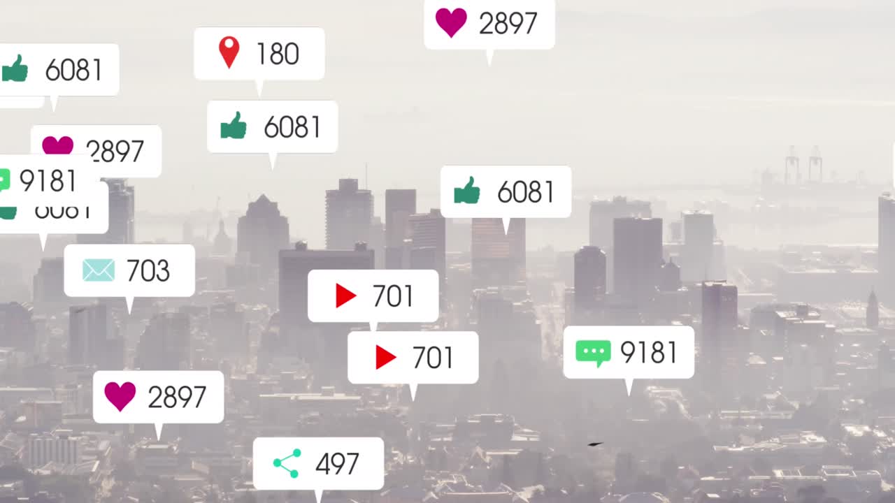소셜 미디어 아이콘의 애니메이션과 도시 풍경에 대한 데이터 처리
