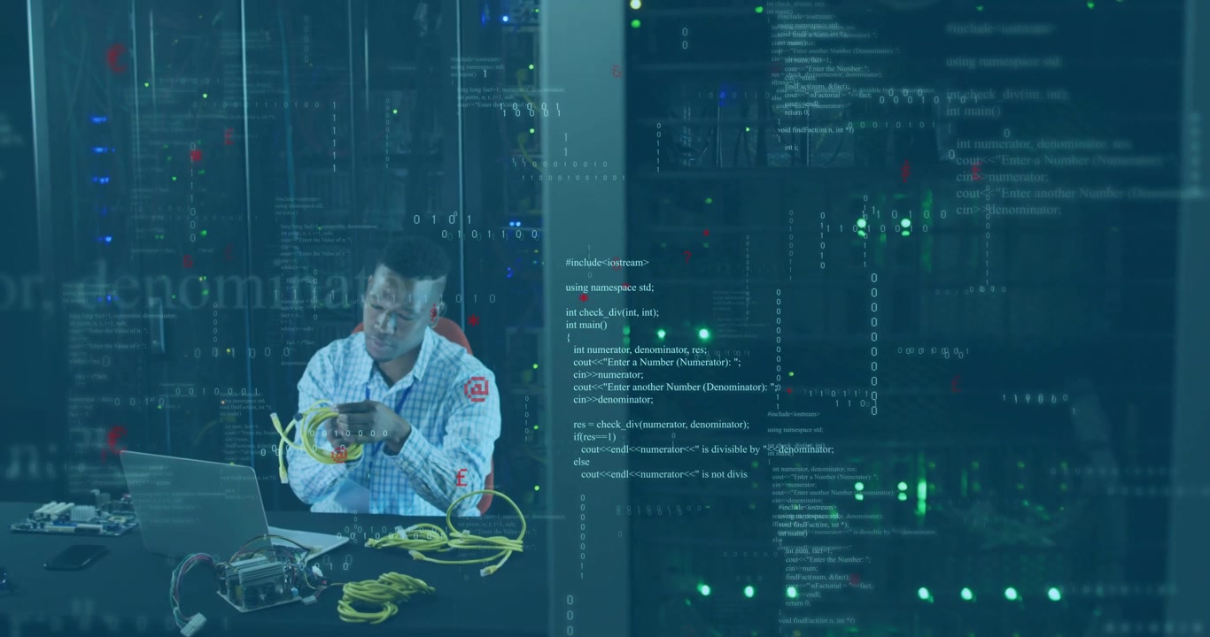 IT Technician Working with Network Cables in Server Room
