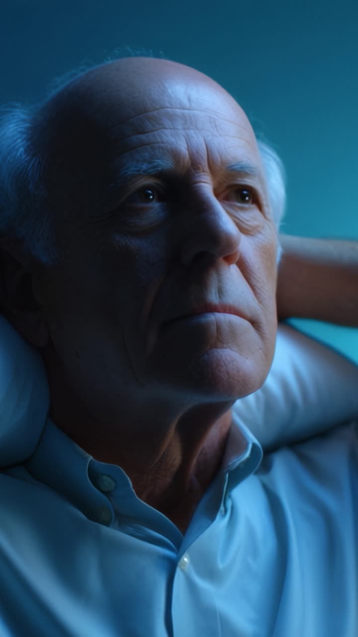 Un uomo anziano contemplativo guarda pensieroso in lontananza, riflettendo sulla vita con un'espressione serena e introspettiva su uno sfondo blu illuminato delicatamente.