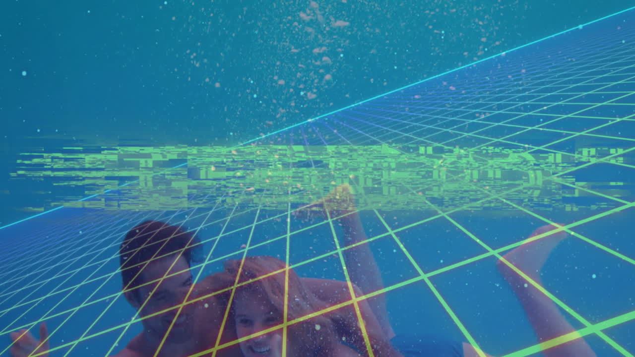 People swimming underwater with digital grid and cityscape animation overlay