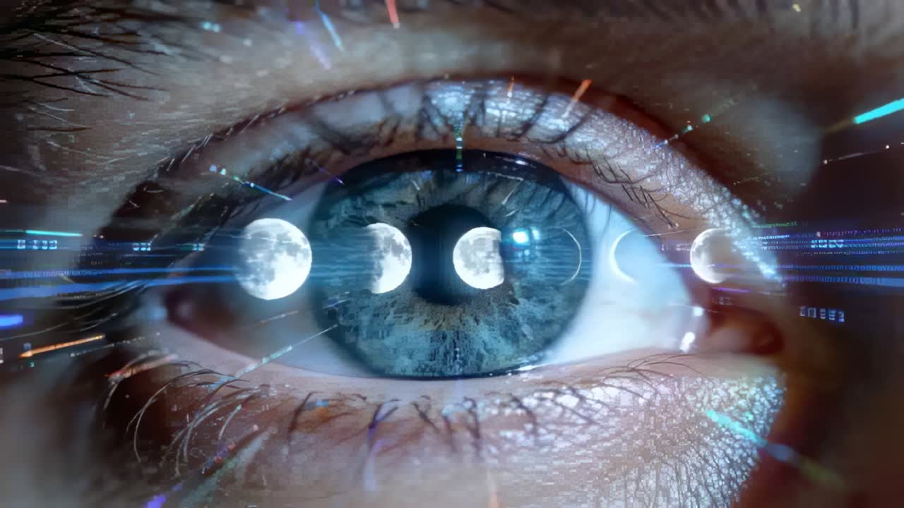 Activating HUD, single eye tracking moving moon icons showing lunar phases in studio macro close-up