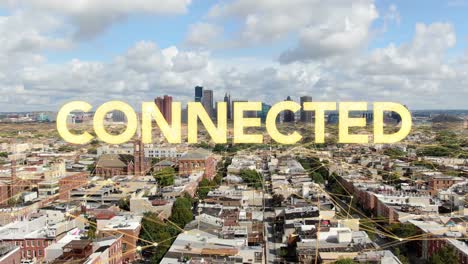 connected words appear on urban city skyline in usa