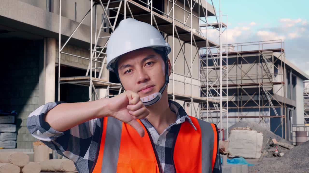Close Up Of Asian Male Engineer With Safety Helmet Showing Thumbs Down Gesture And Shaking His Head While Standing At Building & Construction Site in Progress to New House