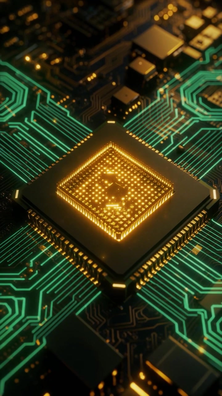 Glowing Gold Processor Chip on a High-Tech Circuit Board