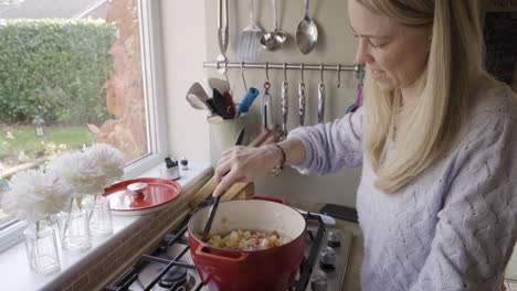woman cooking food in pot on stove