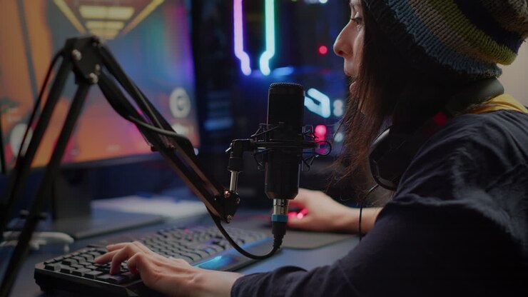 Primo piano di uno streamer che gioca a un videogioco sparatutto in prima persona