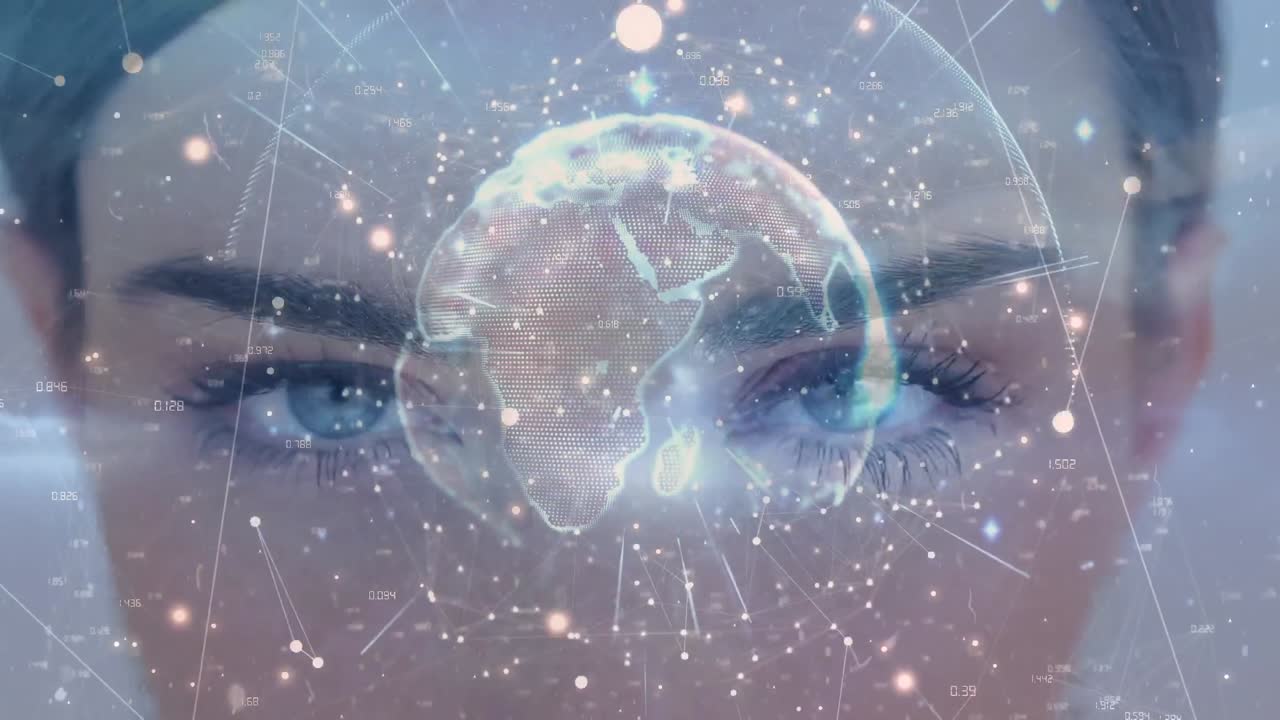 Animation of globe with networks of connections over woman's face