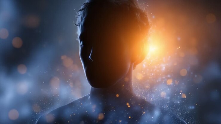 A Mysterious Silhouette with Cosmic Elements: Capturing the Depth and Intrigue of the Human Form Against an Ethereal Background of Light and Energy