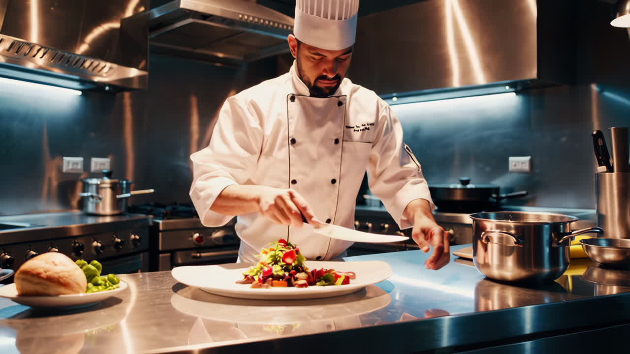 Chef preparing a meal in a professional kitchen