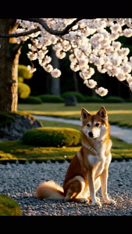 dog in a japanese garden with cherry blossoms