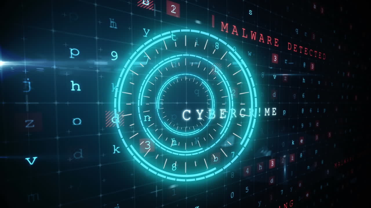 Animation of scope scanning over cyber attack warning text on black background