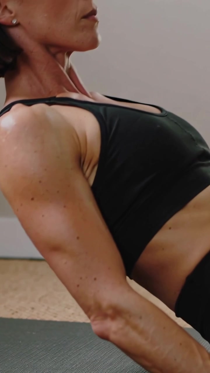 Vídeo vertical: Mulher levantando, elevando os quadris do chão em um tapete em casa, trabalhando o abdômen com roupa preta