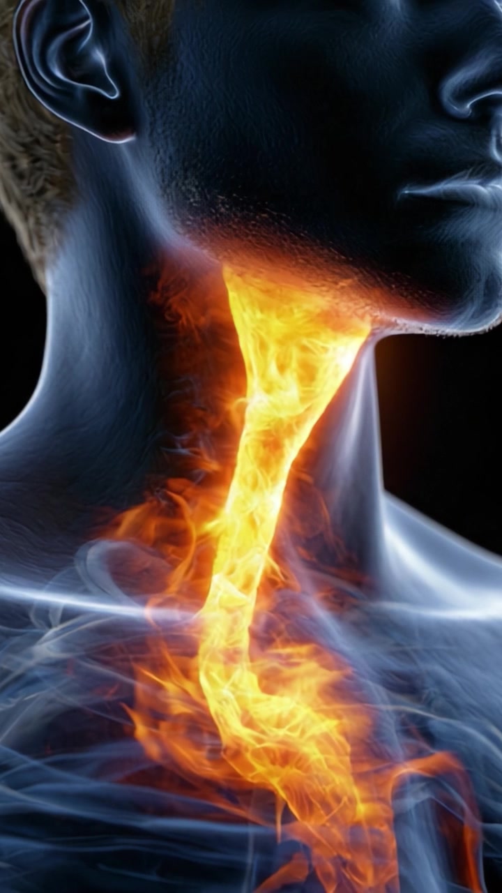 Visualizzazione anatomica del collo umano con energia radiante che scorre attraverso, illustrando l'interazione tra struttura e vitalità nella parte superiore del corpo.