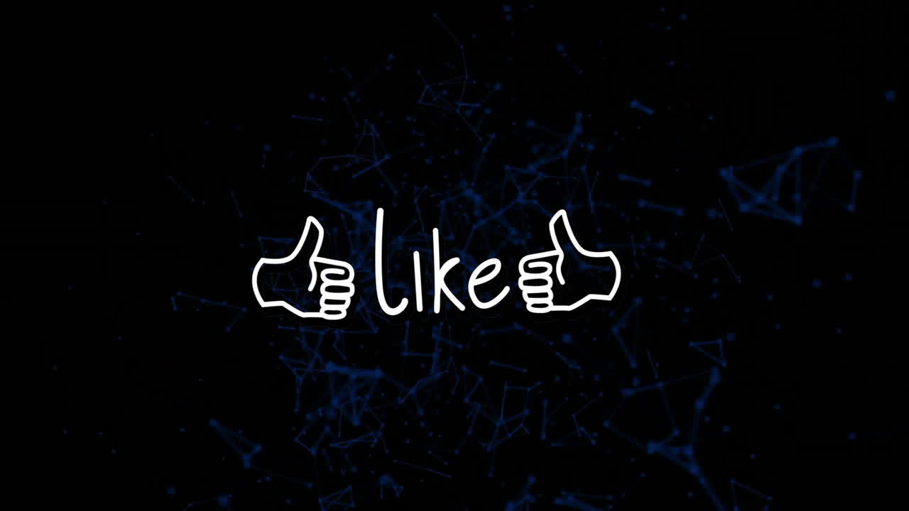 Animation of thumbs up icons with like text on dark abstract background