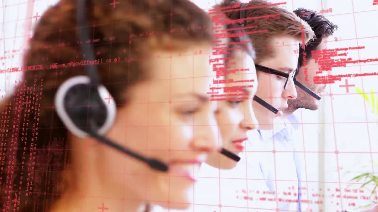 Animation of financial data processing over people wearing phone headsets