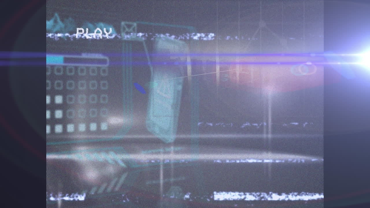 글리치와 함께 화면에서 디지털 인터페이스를 재생하는 애니메이션, 스마트폰을 통해 데이터 처리