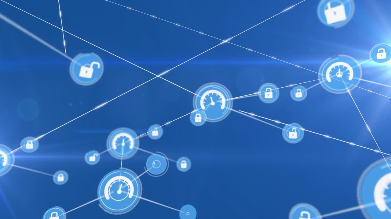 Animation of network of connections with icons over light trails on blue background