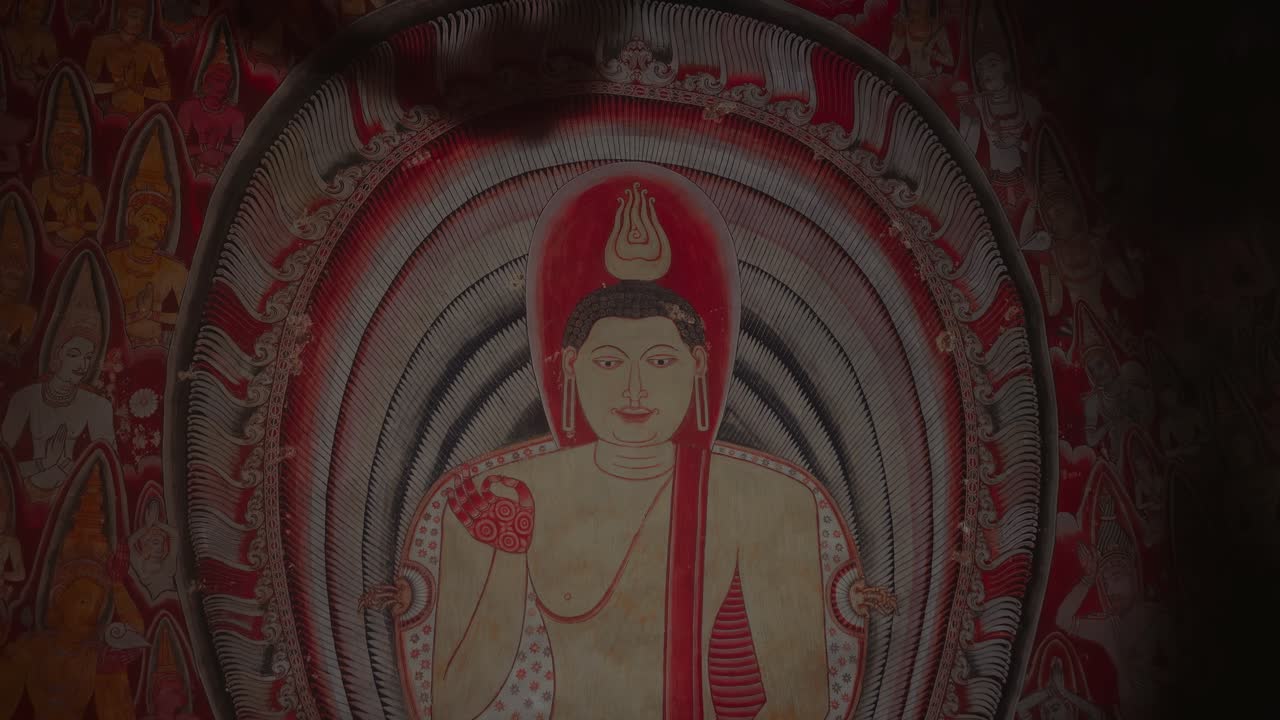 Pinturas murais sagradas e estátuas de Buda no Templo da Caverna de Dambulla, Província Central, Sri Lanka