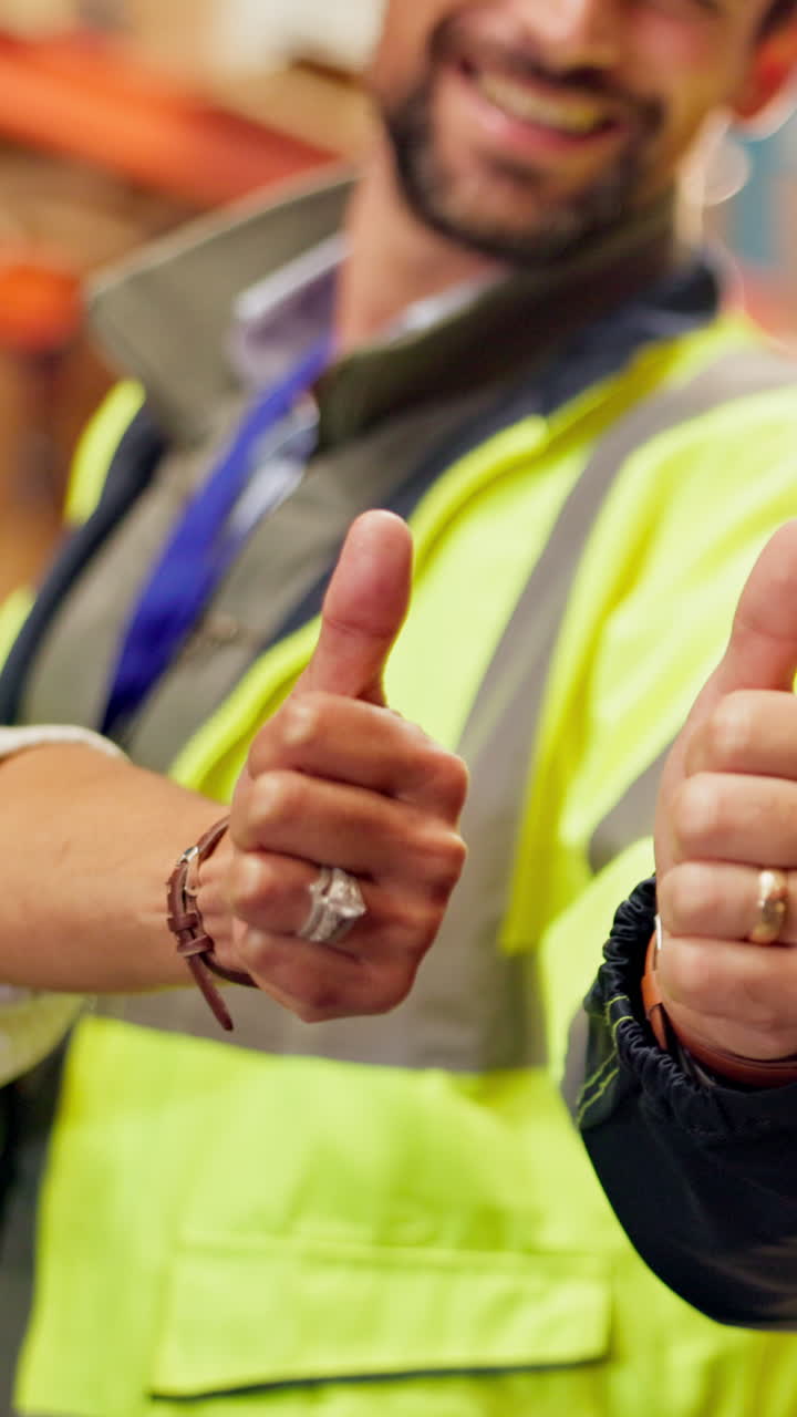 Warehouse workers giving thumbs up