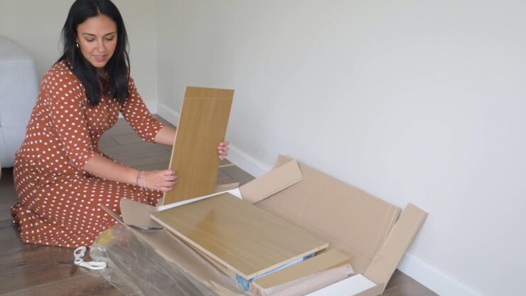 Donna che disimballa mobili in kit da una scatola di cartone.