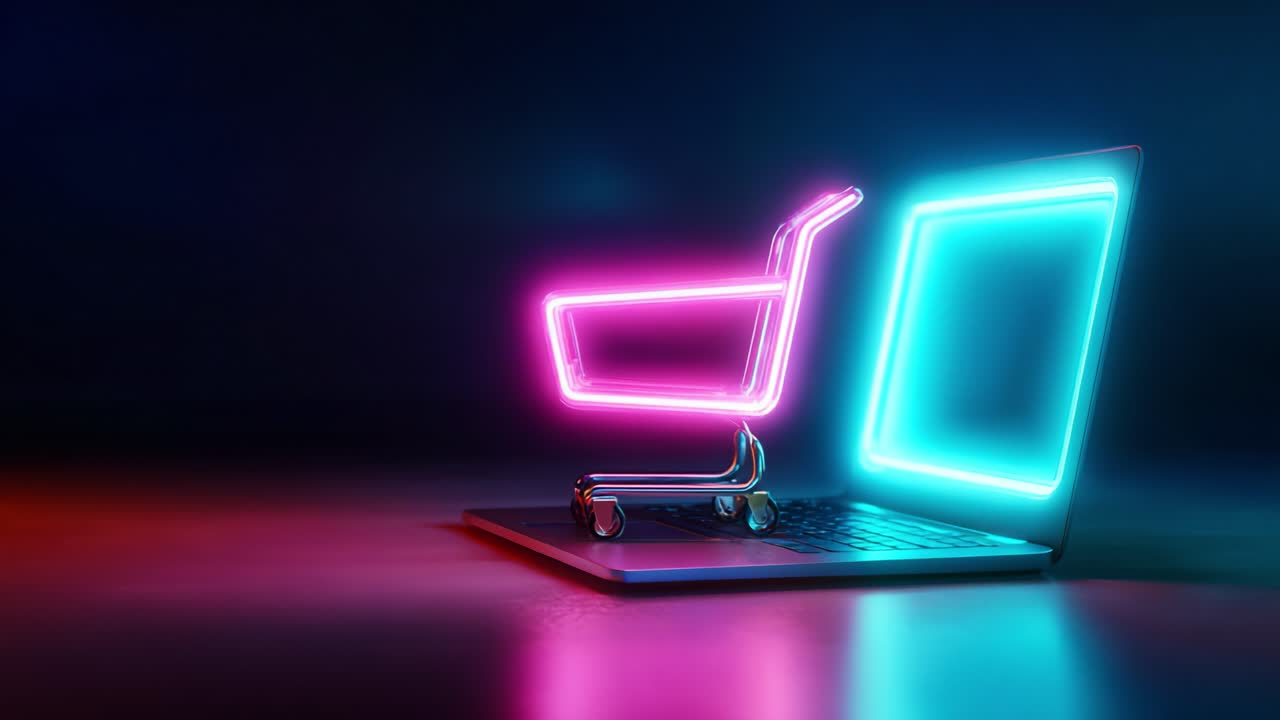 A vibrant neon representation of an online shopping experience, illustrating a glowing shopping cart emerging from a laptop screen, encapsulating the essence of modern e-commerce and digital retail